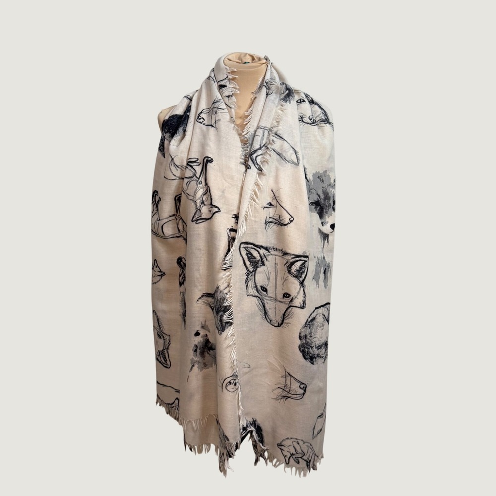 Mango Fox Print Scarf Womens White Black Sketch Animal Woodland Frayed OS